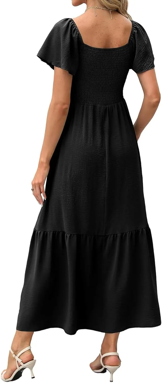 Kubbon Flutter Sleeve Dress for Women Square Neck Flowy Tiered Maxi Dresses Elegant Wedding Guest Dress with Pockets