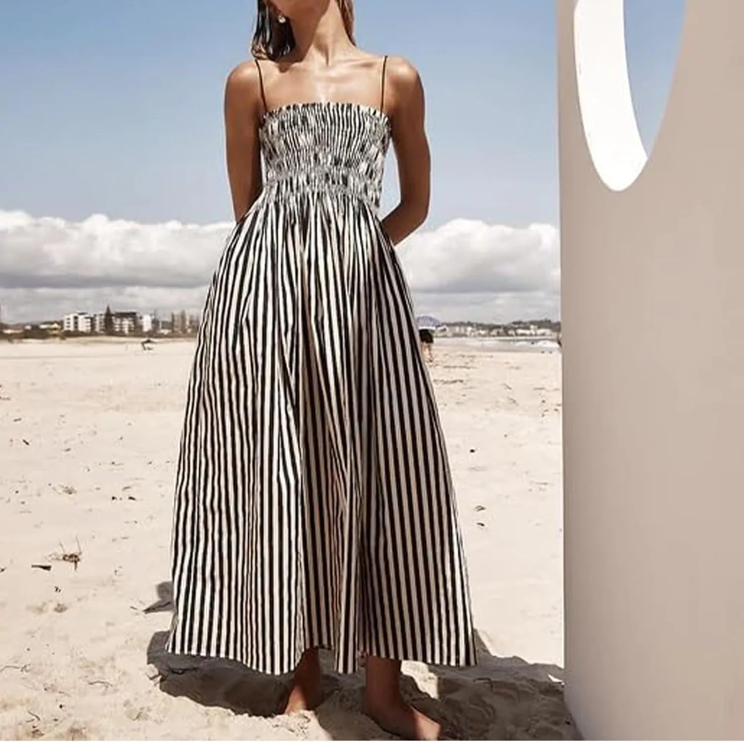 Kubbon Maxi Dress for Women Sleeveless Striped Sundress Spaghetti Strap Boho Long Dresses Flowy Swing Beach A Line Dress