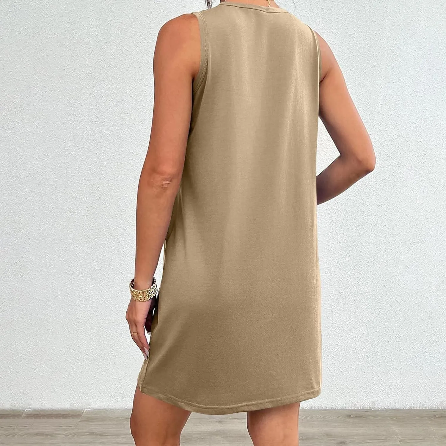 Kubbon Sundress for Women Casual Crewneck Sleeveless Midi Dress Loose Solid Color Tank Dresses with Pocket Vacation Outfits