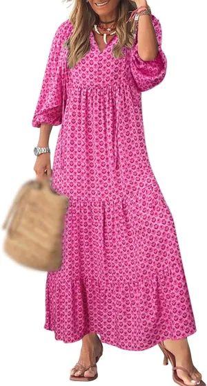 Kubbon Womens Summer Maxi Dress 2025 Puff Sleeve Boho Dresses Casual Geometric Pattern Flowy Beach Dress Vacation Travel