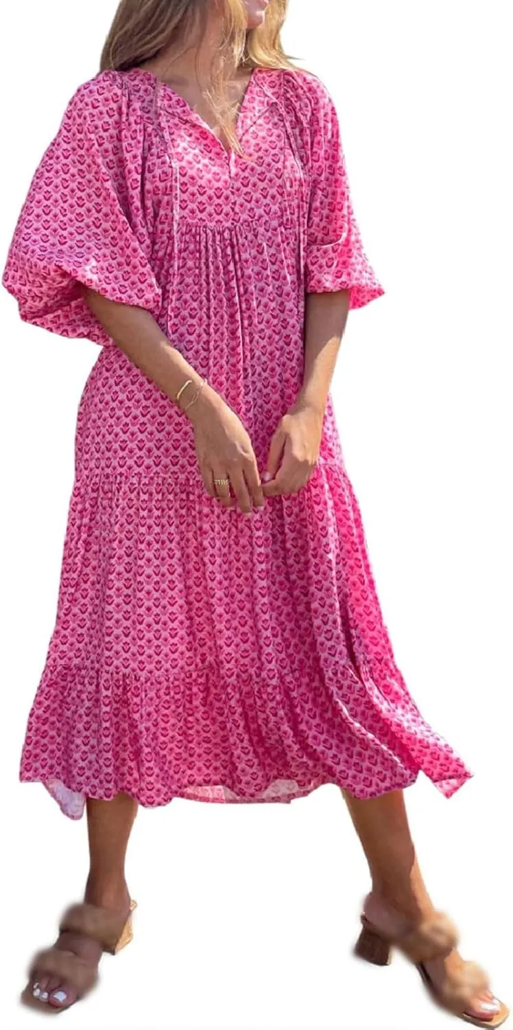Kubbon Womens Summer Maxi Dress 2025 Puff Sleeve Boho Dresses Casual Geometric Pattern Flowy Beach Dress Vacation Travel