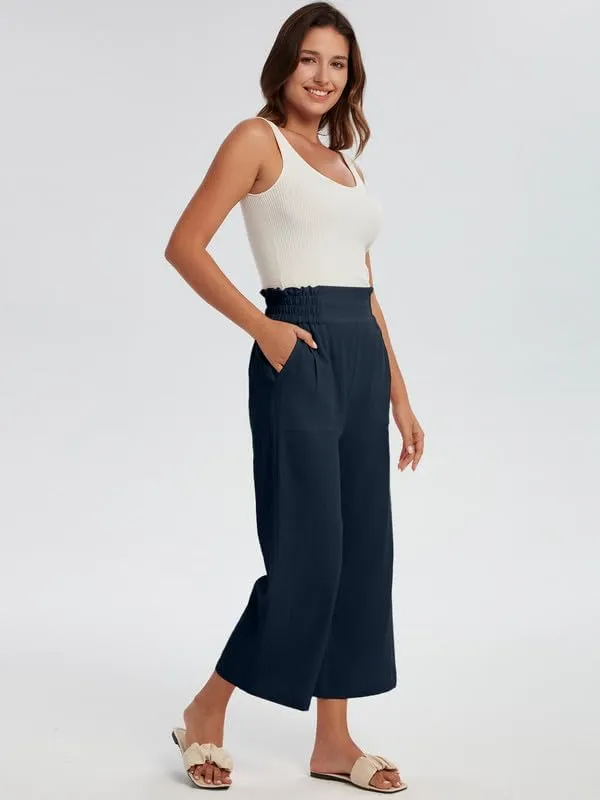 Les umes Womens Cropped Cotton Pants Elastic Waist Wide Leg Capris Casual Summer Trousers with Pockets