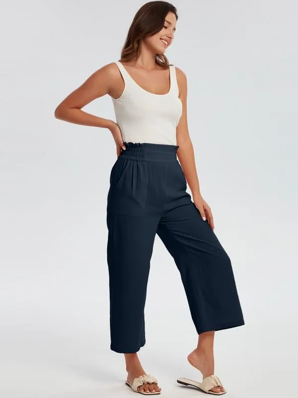 Les umes Womens Cropped Cotton Pants Elastic Waist Wide Leg Capris Casual Summer Trousers with Pockets