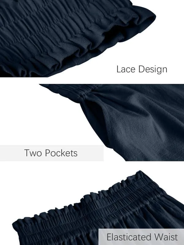 Les umes Womens Cropped Cotton Pants Elastic Waist Wide Leg Capris Casual Summer Trousers with Pockets