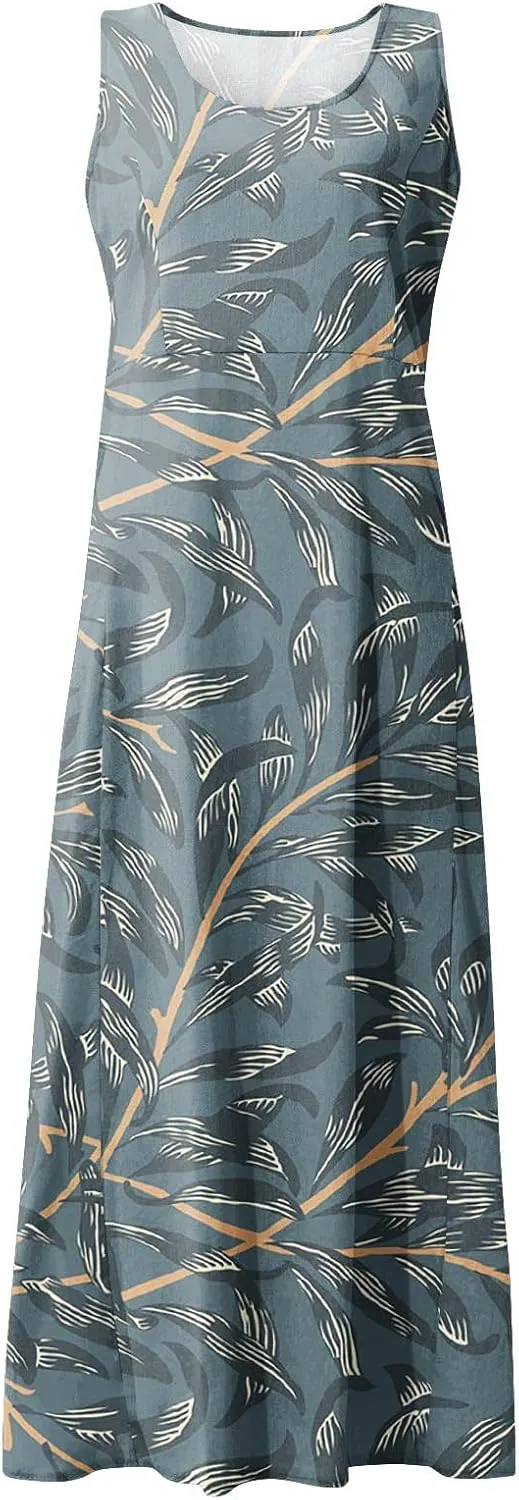 Linen Dress for Women 2024 Summer Printed Sleeveless Maxi Dress Casual Tank Dress Flowy Long Dresses with Pockets