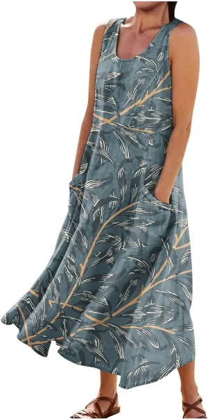 Linen Dress for Women 2024 Summer Printed Sleeveless Maxi Dress Casual Tank Dress Flowy Long Dresses with Pockets