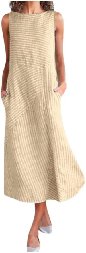 Linen Dresses for Women Summer Striped Sleeveless Crewneck Midi Dresses Casual Tshirt Dress with Pockets