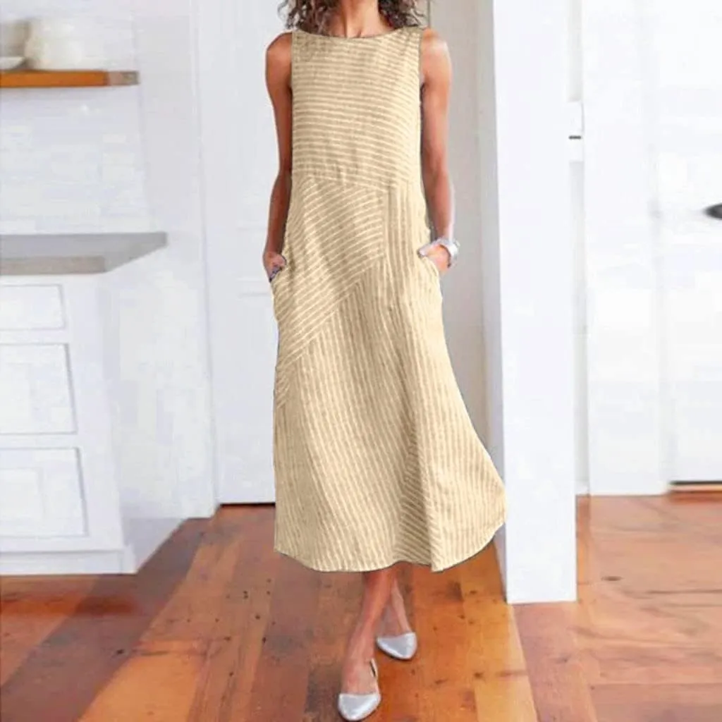 Linen Dresses for Women Summer Striped Sleeveless Crewneck Midi Dresses Casual Tshirt Dress with Pockets