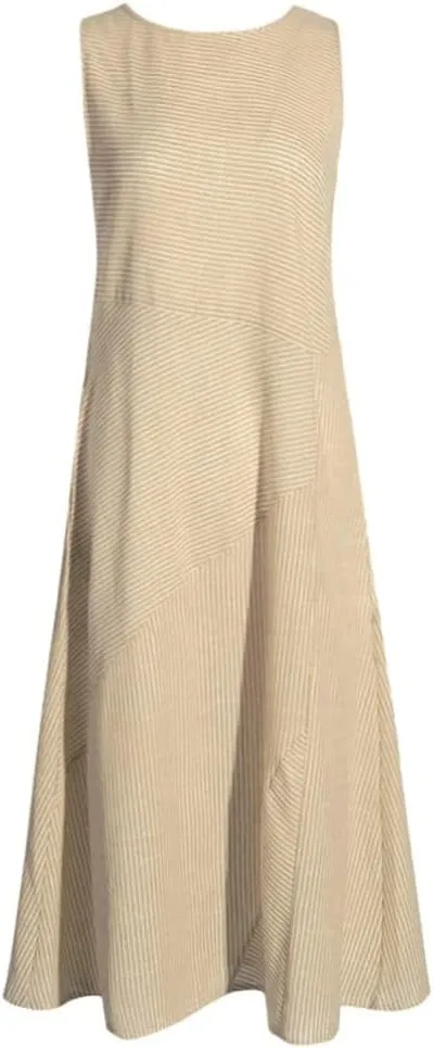 Linen Dresses for Women Summer Striped Sleeveless Crewneck Midi Dresses Casual Tshirt Dress with Pockets