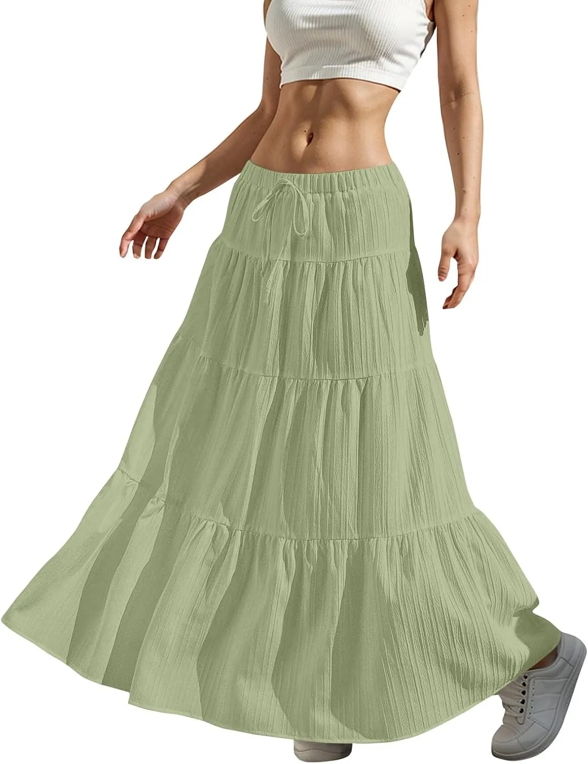 Linen Maxi Skirts for Women Elegant Pleated Tiered A Line Long Skirt Casual Summer Flowy Beach Skirt Vacation Outfits