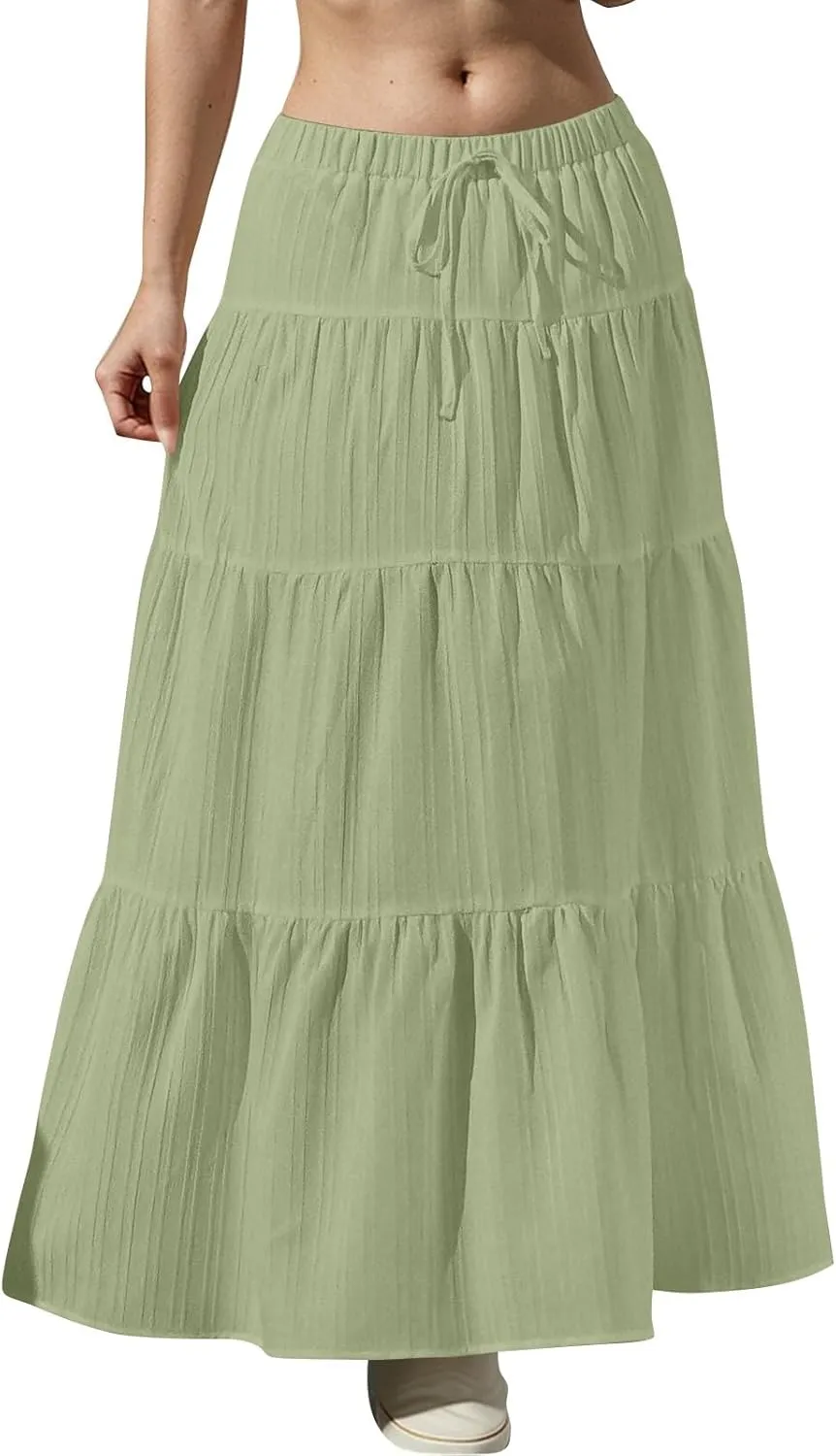 Linen Maxi Skirts for Women Elegant Pleated Tiered A Line Long Skirt Casual Summer Flowy Beach Skirt Vacation Outfits