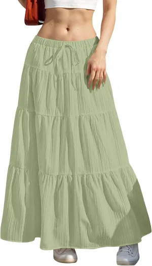 Linen Maxi Skirts for Women Elegant Pleated Tiered A Line Long Skirt Casual Summer Flowy Beach Skirt Vacation Outfits