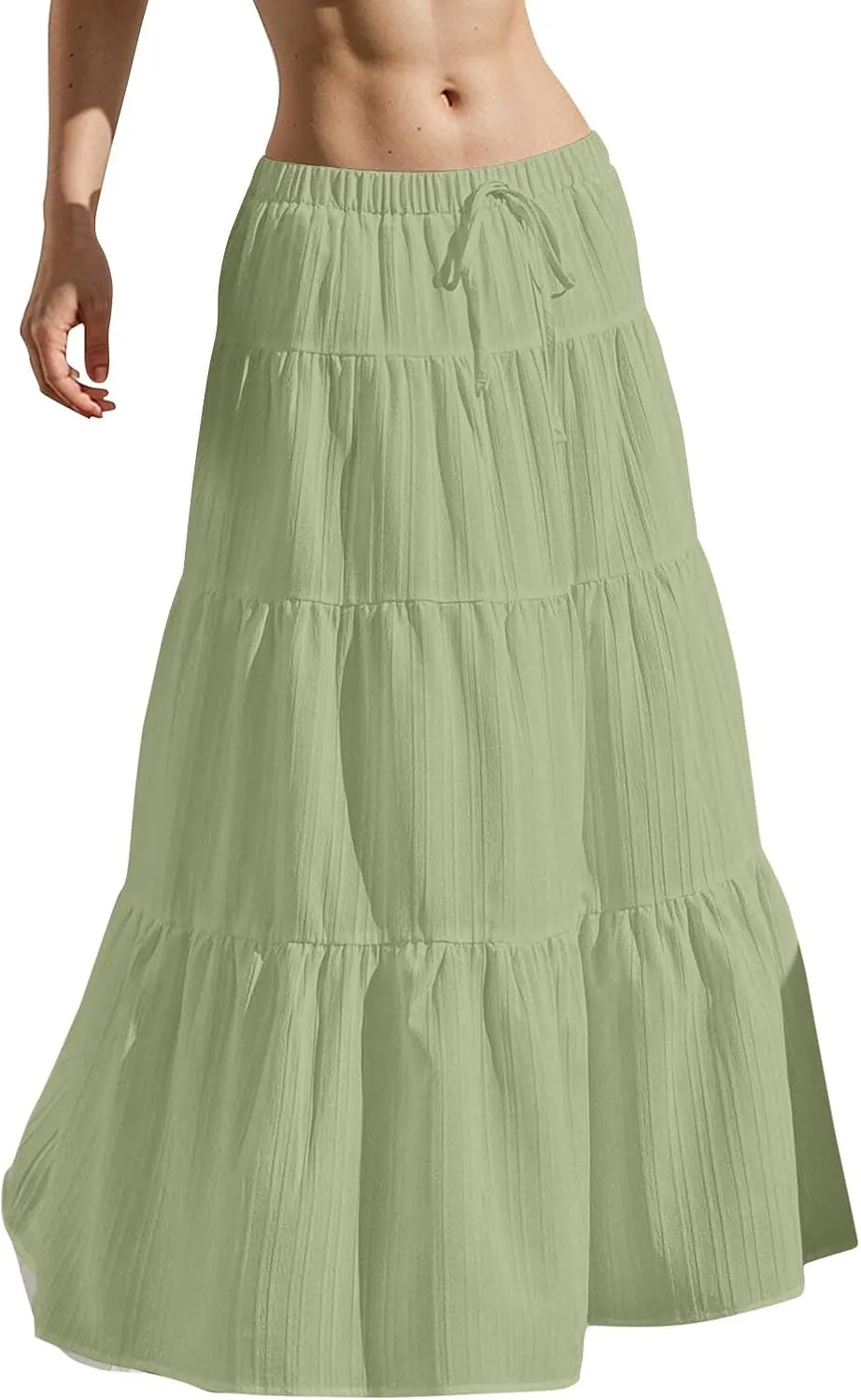 Linen Maxi Skirts for Women Elegant Pleated Tiered A Line Long Skirt Casual Summer Flowy Beach Skirt Vacation Outfits