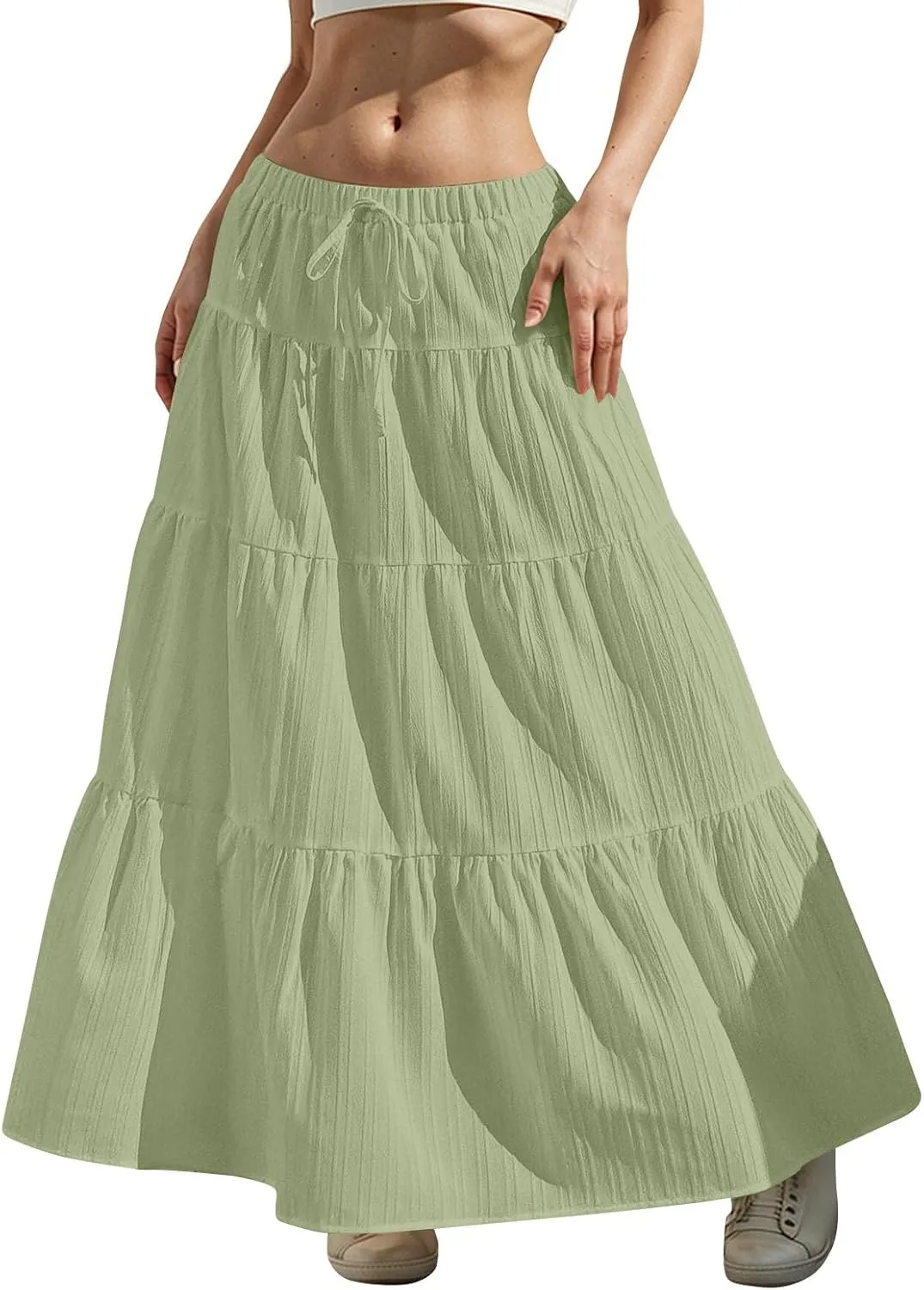Linen Maxi Skirts for Women Elegant Pleated Tiered A Line Long Skirt Casual Summer Flowy Beach Skirt Vacation Outfits