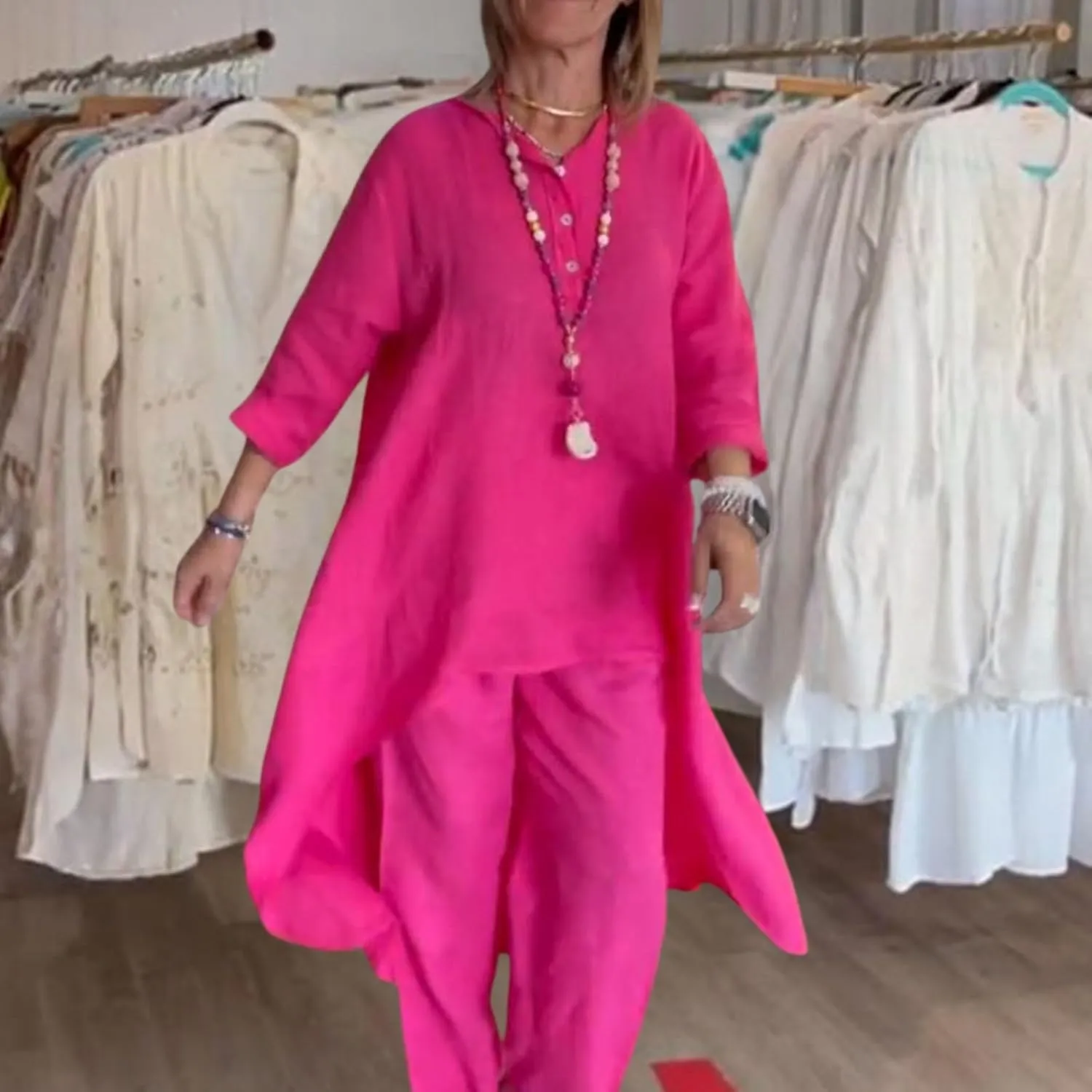 Linen Outfits for Women Two Piece Linen Sets Linen Pant Suits Casual 3/4 Sleeve Maxi Dress Wide Leg Linen Pants Sets