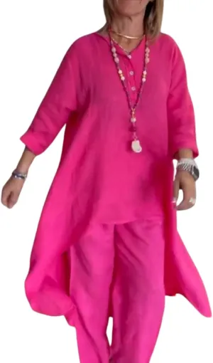 Linen Outfits for Women Two Piece Linen Sets Linen Pant Suits Casual 3/4 Sleeve Maxi Dress Wide Leg Linen Pants Sets