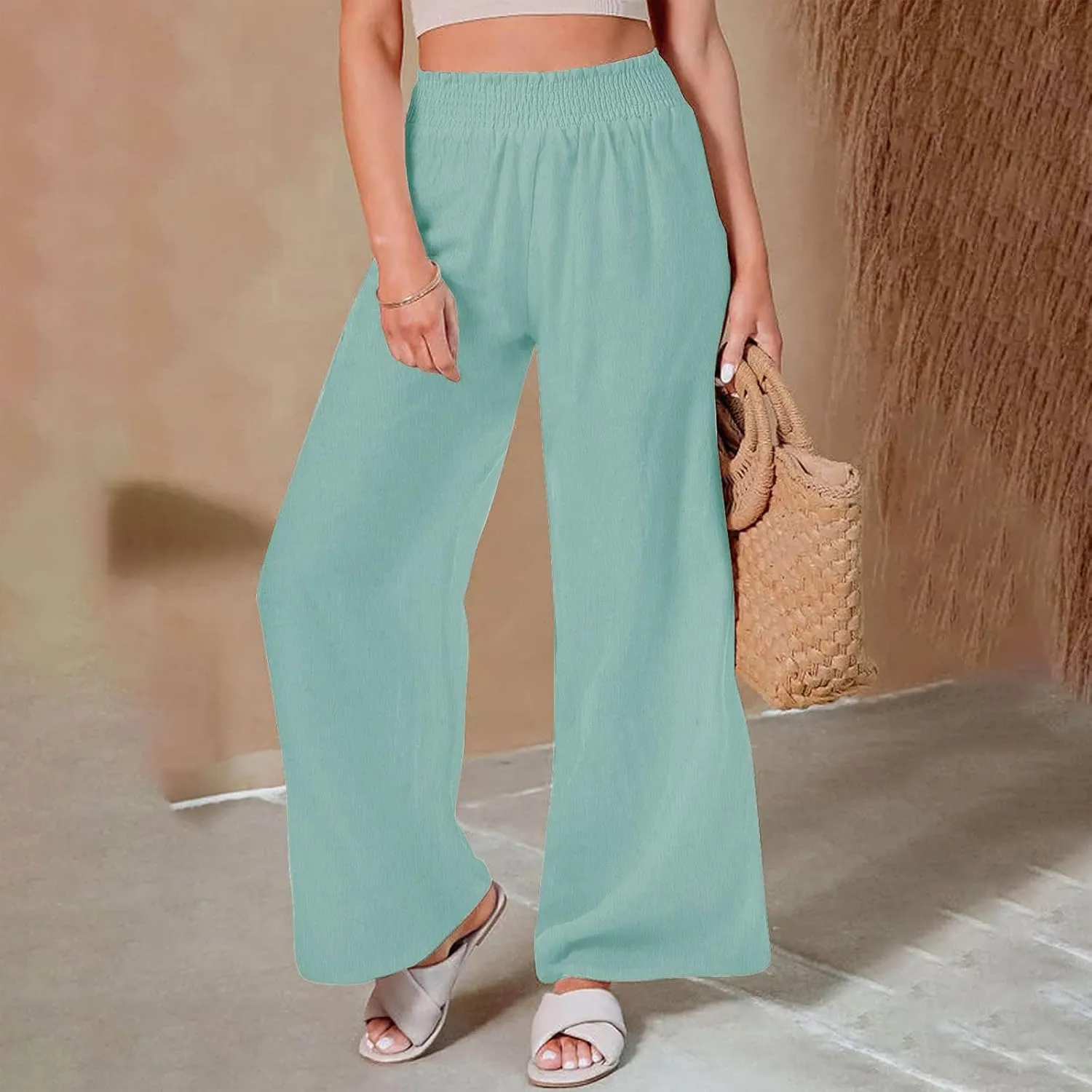 Linen Pants for Women Smocked High Waisted Flowy Palazzo Pants Casual Wide Leg Trousers with Pockets Summer Clothes
