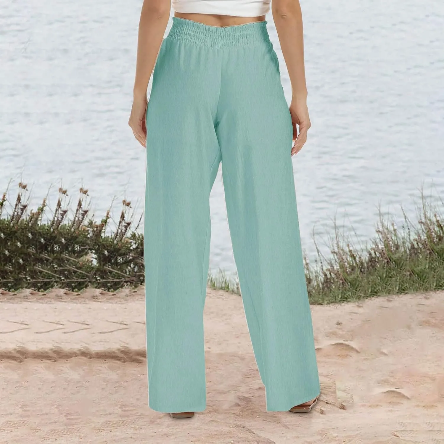 Linen Pants for Women Smocked High Waisted Flowy Palazzo Pants Casual Wide Leg Trousers with Pockets Summer Clothes
