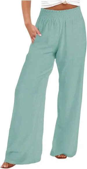 Linen Pants for Women Smocked High Waisted Flowy Palazzo Pants Casual Wide Leg Trousers with Pockets Summer Clothes