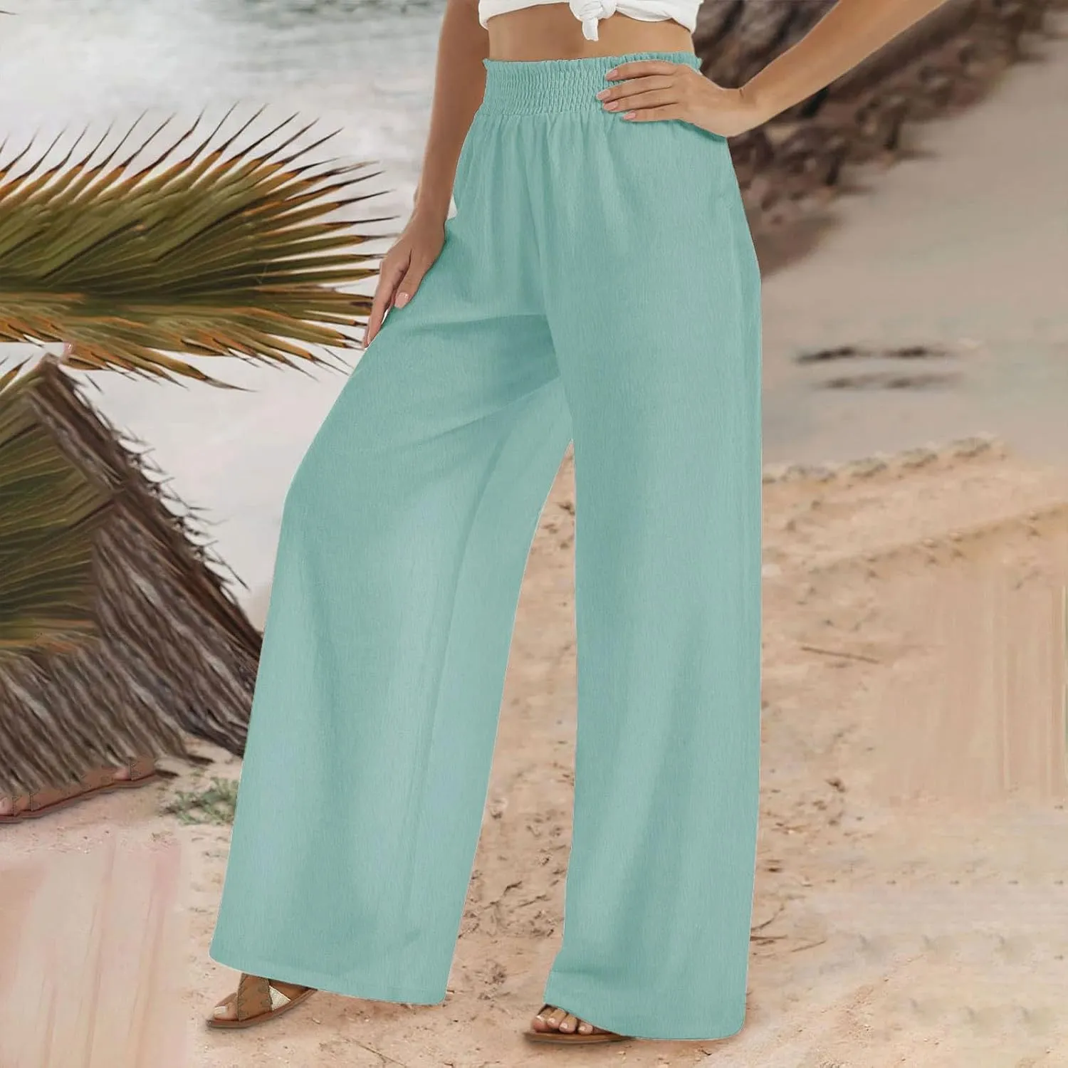 Linen Pants for Women Smocked High Waisted Flowy Palazzo Pants Casual Wide Leg Trousers with Pockets Summer Clothes