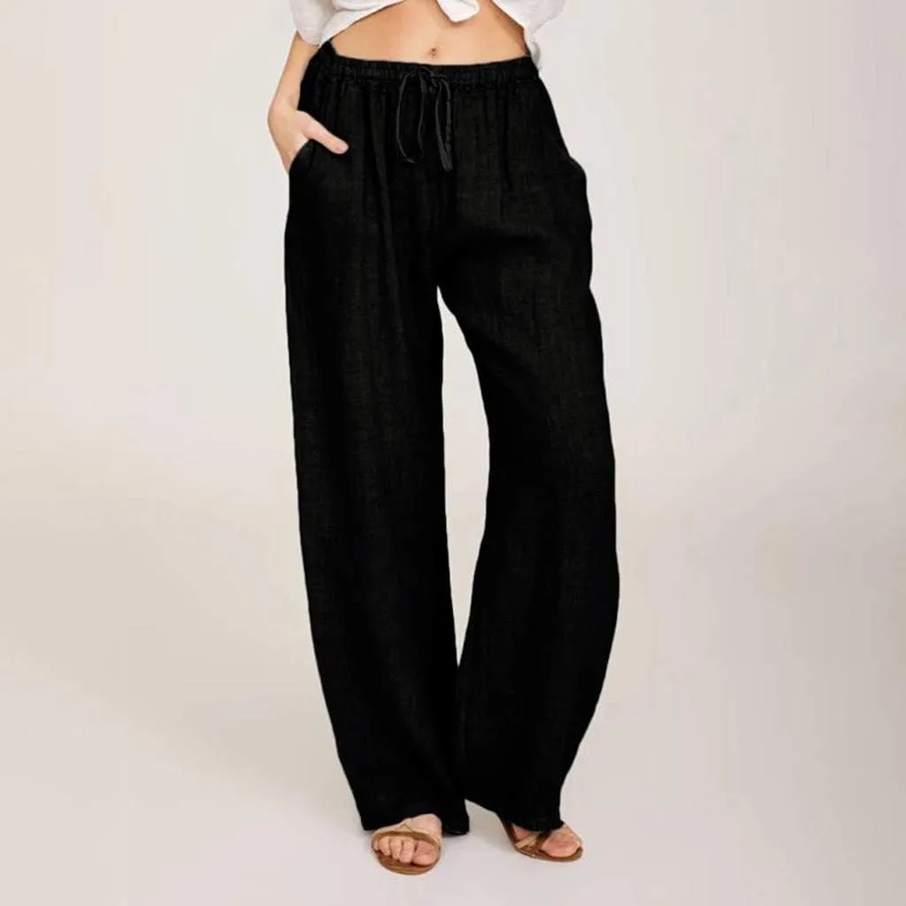 Linen Pants Women Drawstring Elastic Waist Wide Leg Trousers Summer Casual Boho Beach Palazzo Pants with Pcokets 2025