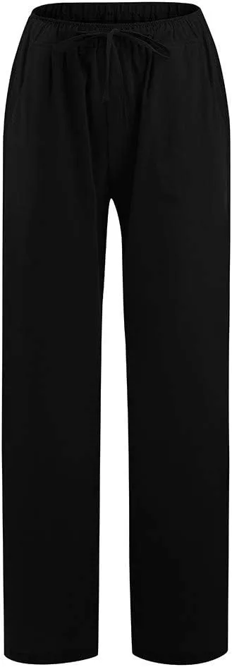 Linen Pants Women Drawstring Elastic Waist Wide Leg Trousers Summer Casual Boho Beach Palazzo Pants with Pcokets 2025
