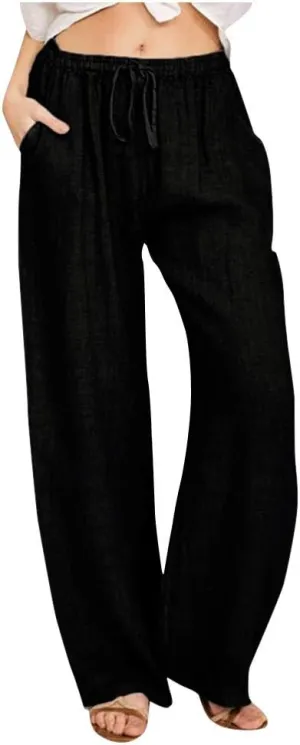 Linen Pants Women Drawstring Elastic Waist Wide Leg Trousers Summer Casual Boho Beach Palazzo Pants with Pcokets 2025