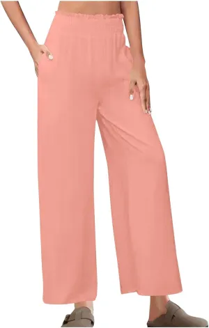 Linen Pants Women Trendy Ruffle Elastic High Wasit Palazzo Pants Dressy Casual Summer Wide Leg Trousers with Pockets