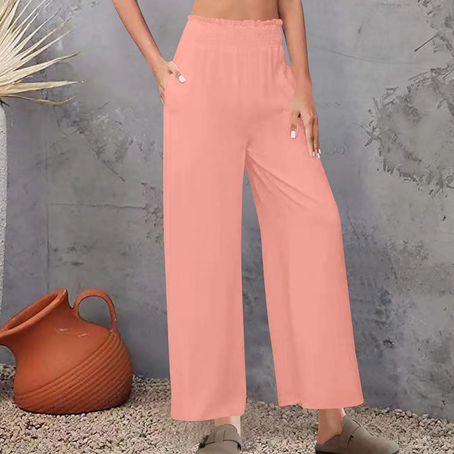 Linen Pants Women Trendy Ruffle Elastic High Wasit Palazzo Pants Dressy Casual Summer Wide Leg Trousers with Pockets