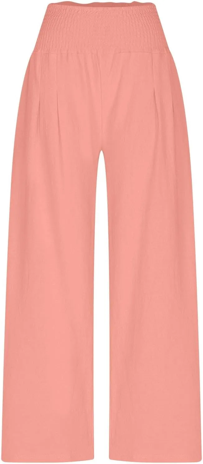 Linen Pants Women Trendy Ruffle Elastic High Wasit Palazzo Pants Dressy Casual Summer Wide Leg Trousers with Pockets