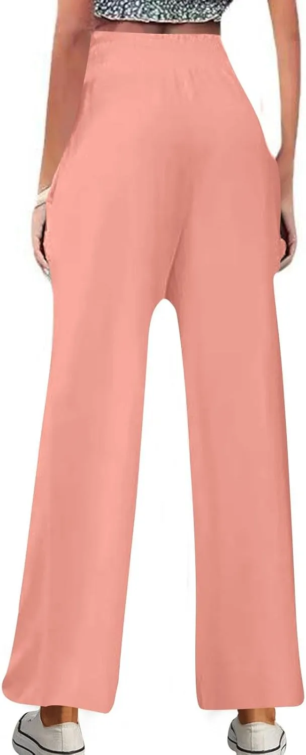 Linen Pants Women Trendy Ruffle Elastic High Wasit Palazzo Pants Dressy Casual Summer Wide Leg Trousers with Pockets