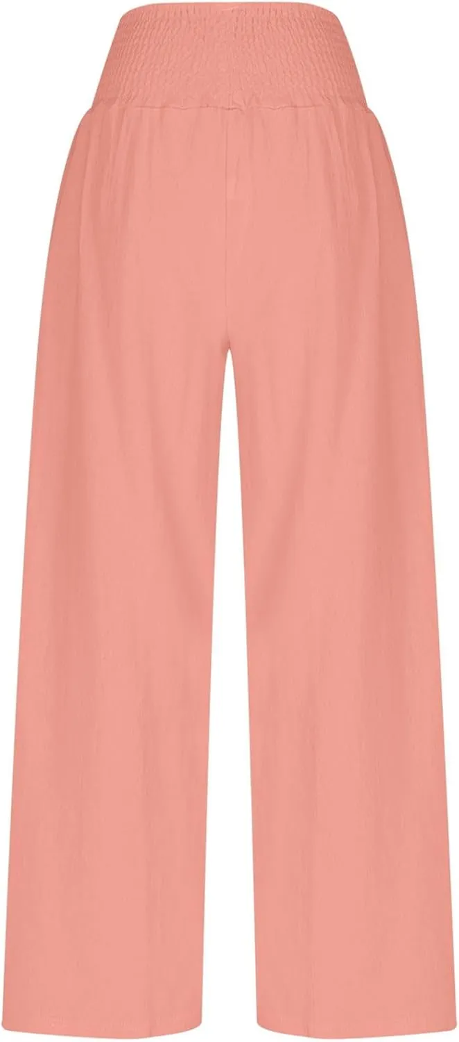 Linen Pants Women Trendy Ruffle Elastic High Wasit Palazzo Pants Dressy Casual Summer Wide Leg Trousers with Pockets