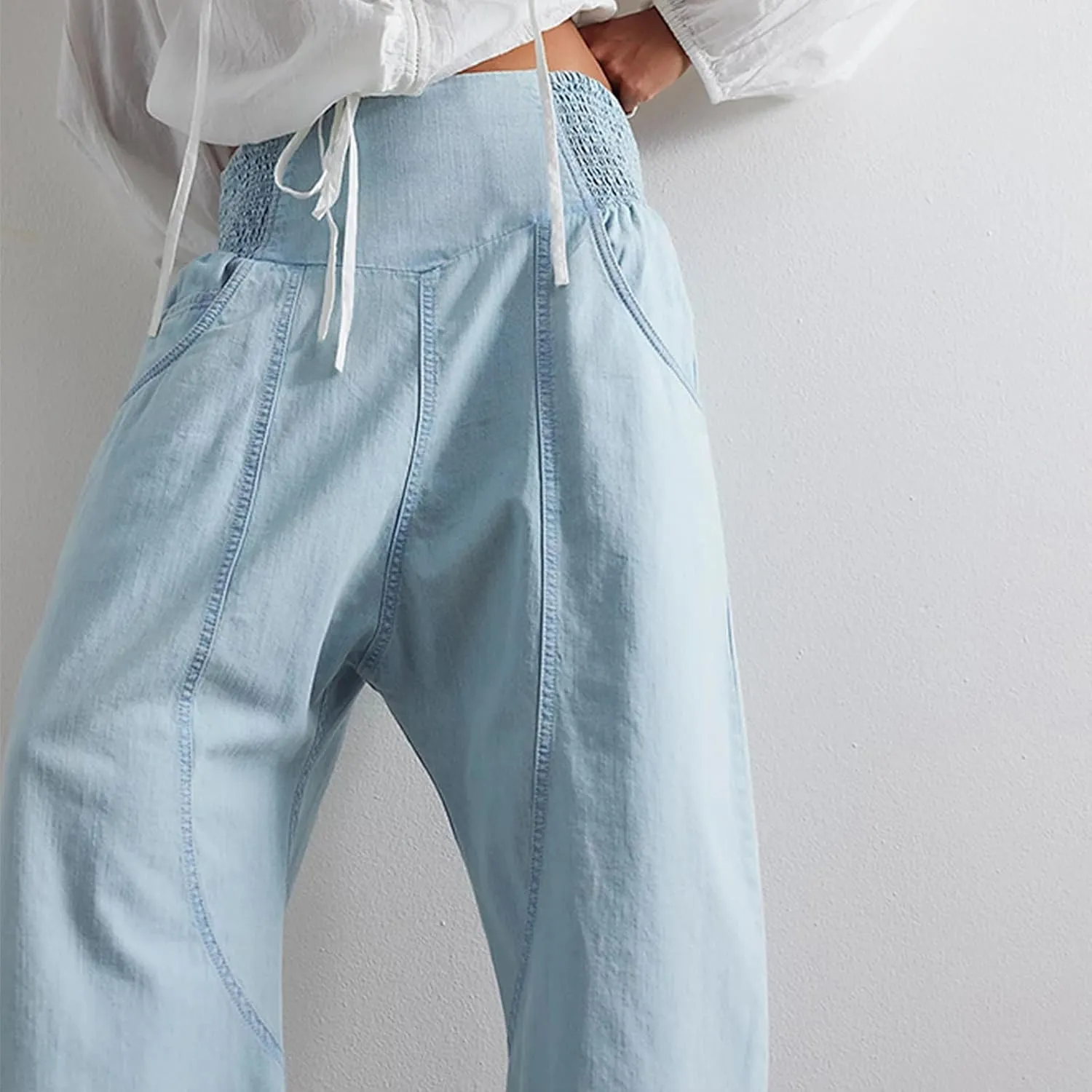 Lisskolo Women's Wide Leg Denim Pants Casual Baggy Cropped Barrel Jeans Mid Waist Loose Fit Harem Pants