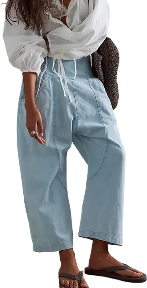 Lisskolo Women's Wide Leg Denim Pants Casual Baggy Cropped Barrel Jeans Mid Waist Loose Fit Harem Pants