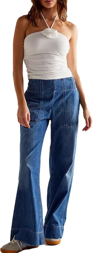 Lisskolo Women's Wide Leg Denim Pants Casual Baggy Cropped Barrel Jeans Mid Waist Loose Fit Harem Pants