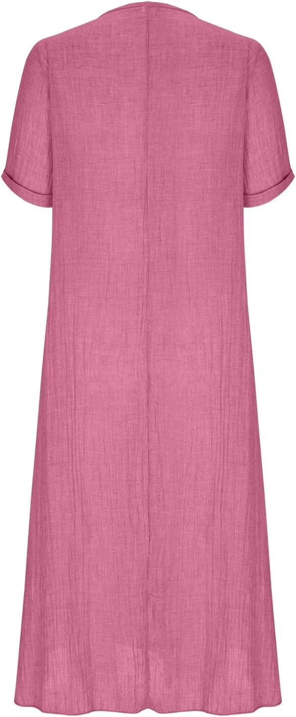 Lmdudan Summer Beach Sundress for Women Short Sleeve V Neck Cotton Linen Dress 2024 Trendy Solid Color Vacation Maxi Dresses
