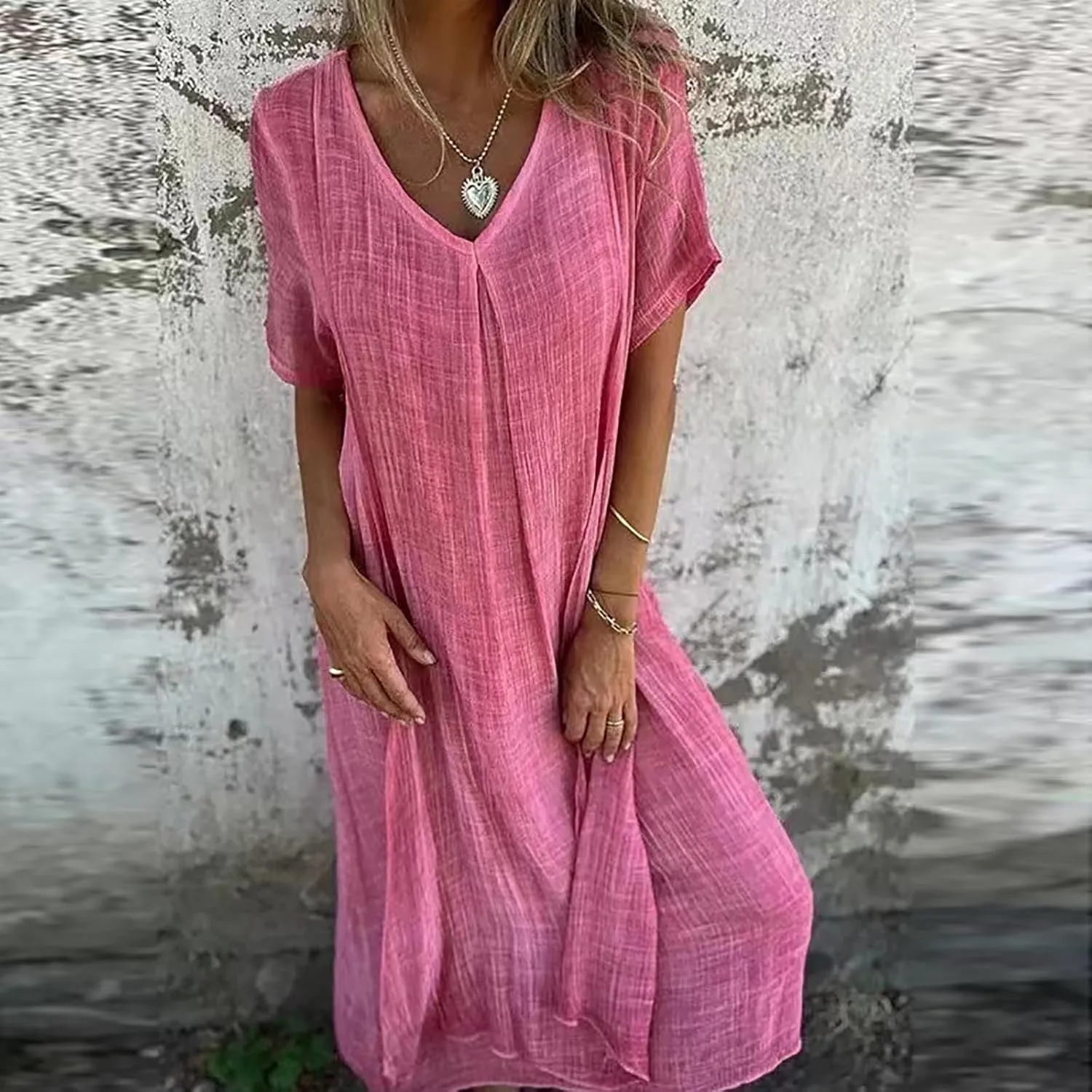 Lmdudan Summer Beach Sundress for Women Short Sleeve V Neck Cotton Linen Dress 2024 Trendy Solid Color Vacation Maxi Dresses