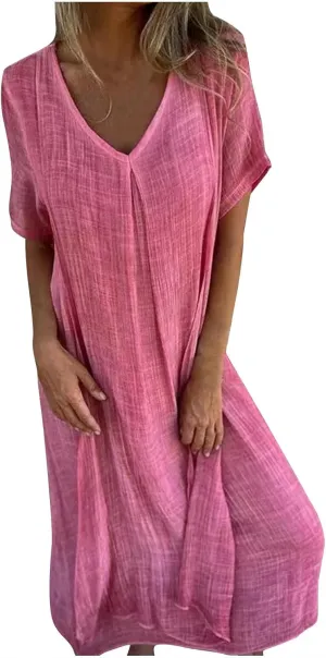 Lmdudan Summer Beach Sundress for Women Short Sleeve V Neck Cotton Linen Dress 2024 Trendy Solid Color Vacation Maxi Dresses