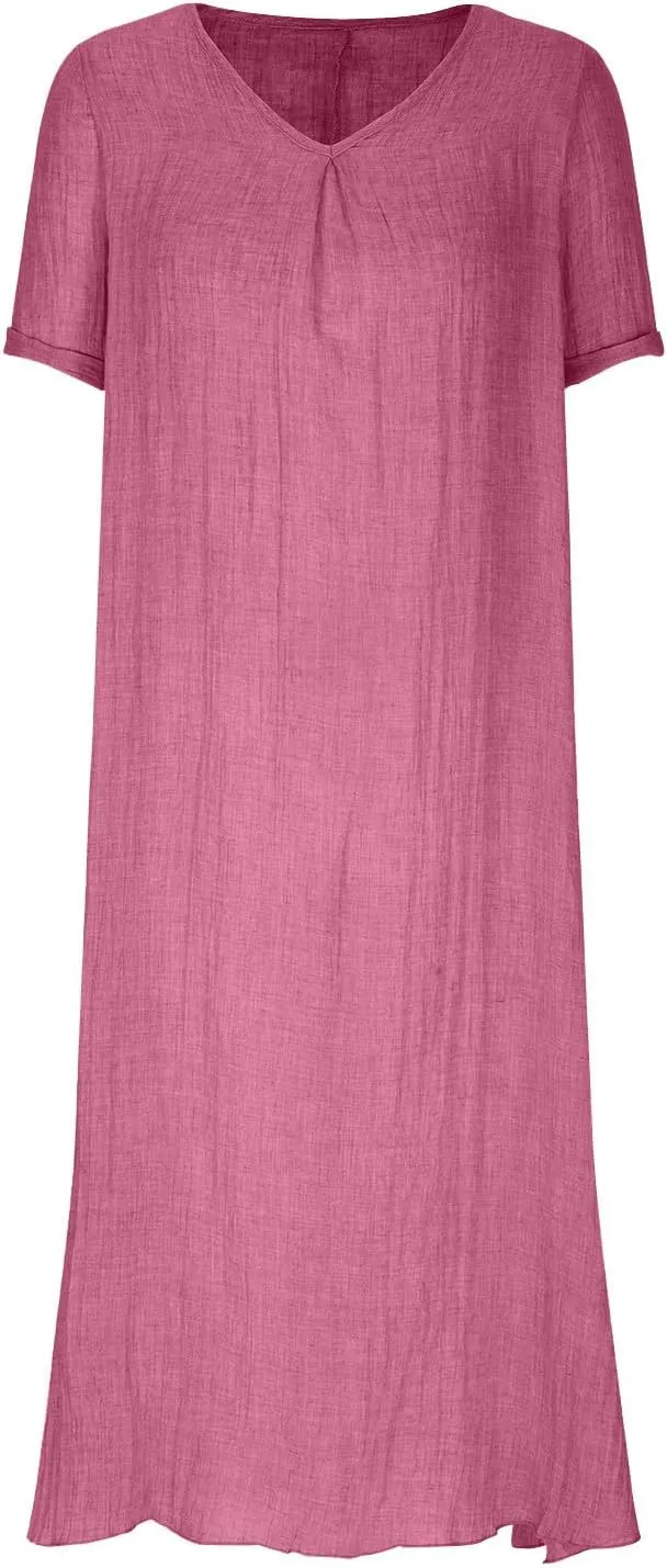 Lmdudan Summer Beach Sundress for Women Short Sleeve V Neck Cotton Linen Dress 2024 Trendy Solid Color Vacation Maxi Dresses