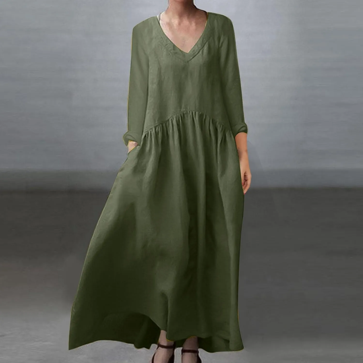 Long Sleeve Cotton Linen Dress Women Plus Size Babydoll Loose Maxi Dresses Casual V Neck A-Line Dress with Pockets