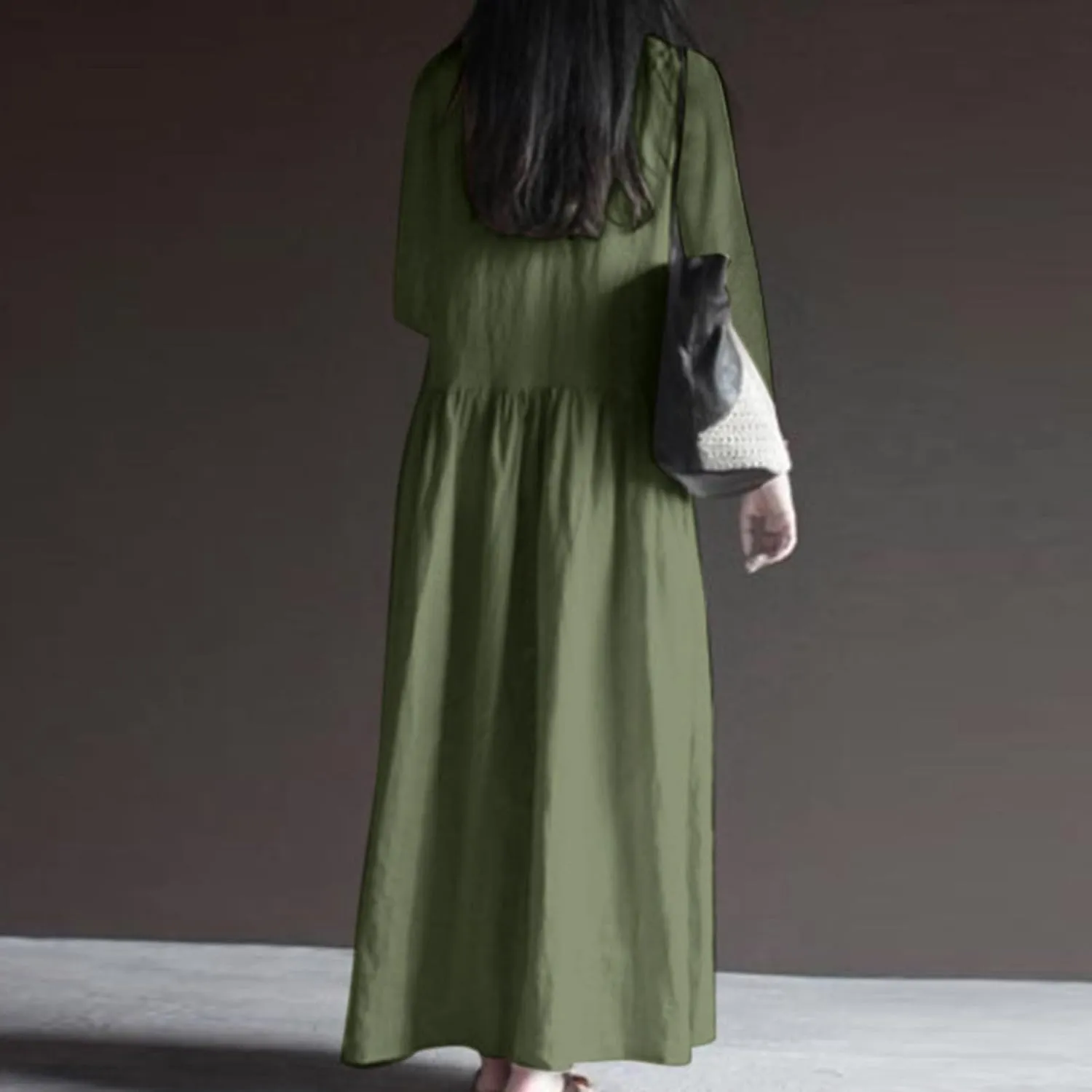 Long Sleeve Cotton Linen Dress Women Plus Size Babydoll Loose Maxi Dresses Casual V Neck A-Line Dress with Pockets