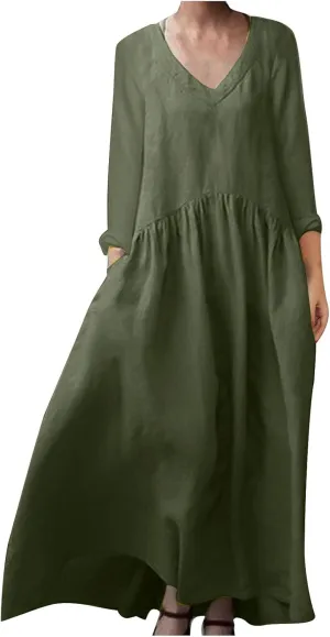 Long Sleeve Cotton Linen Dress Women Plus Size Babydoll Loose Maxi Dresses Casual V Neck A-Line Dress with Pockets