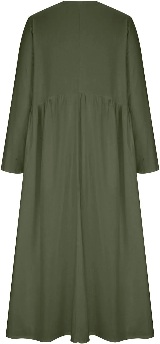 Long Sleeve Cotton Linen Dress Women Plus Size Babydoll Loose Maxi Dresses Casual V Neck A-Line Dress with Pockets