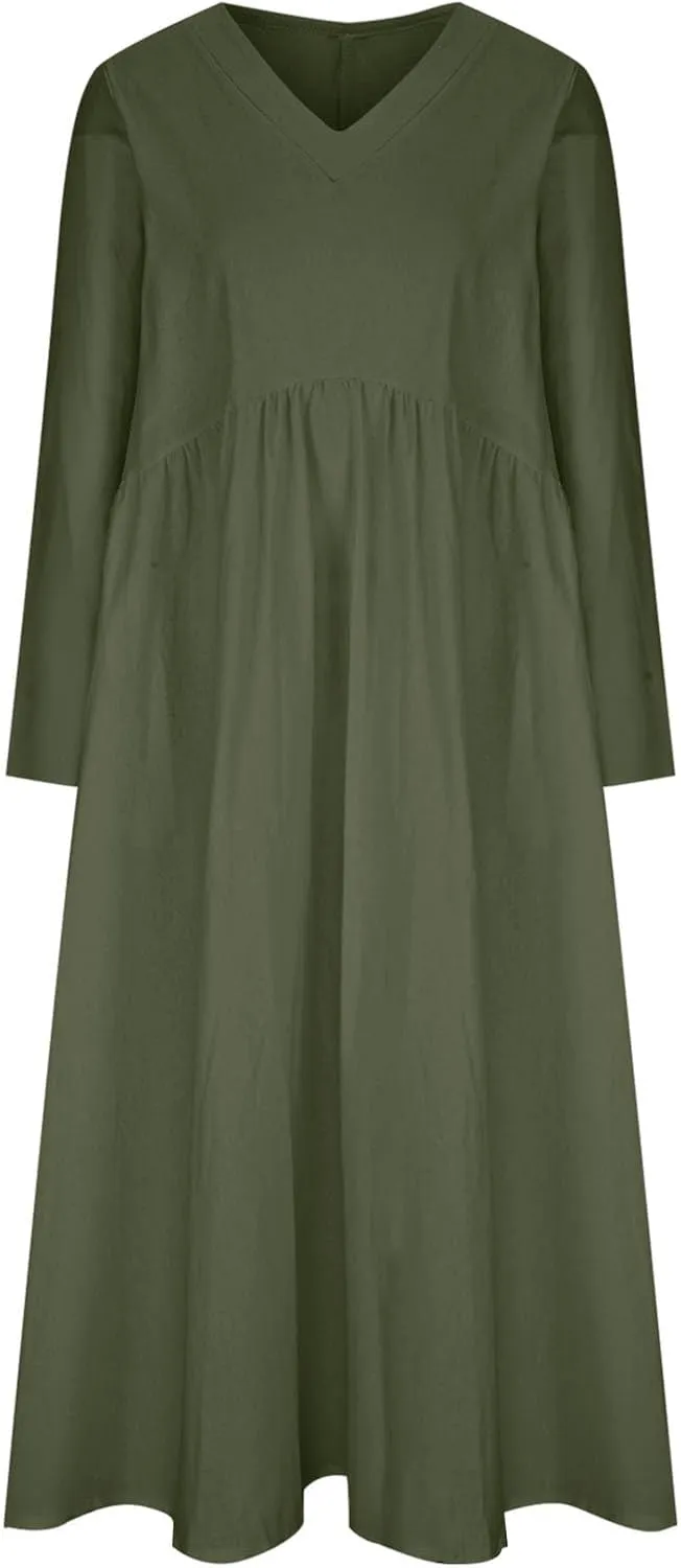 Long Sleeve Cotton Linen Dress Women Plus Size Babydoll Loose Maxi Dresses Casual V Neck A-Line Dress with Pockets