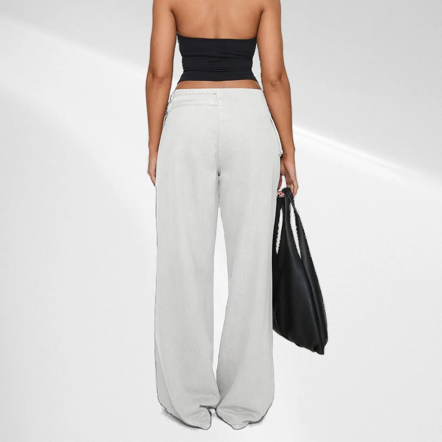 Low Rise Baggy Pants for Women Adjustable Waisted Wide Leg Denim Pants Vintage Straight Loose Jean Trousers