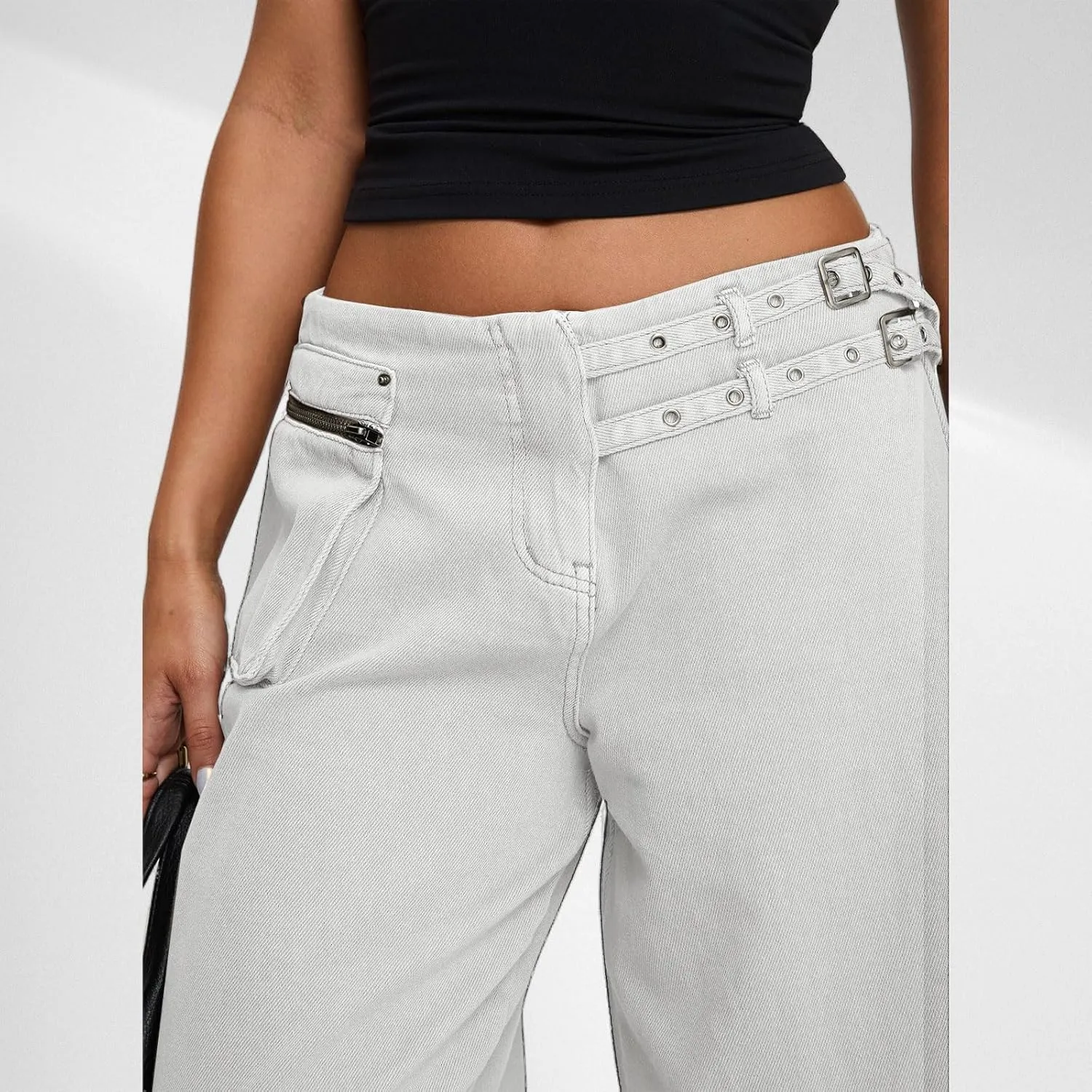 Low Rise Baggy Pants for Women Adjustable Waisted Wide Leg Denim Pants Vintage Straight Loose Jean Trousers