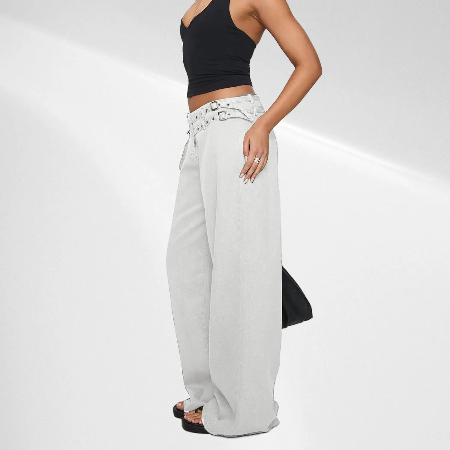 Low Rise Baggy Pants for Women Adjustable Waisted Wide Leg Denim Pants Vintage Straight Loose Jean Trousers