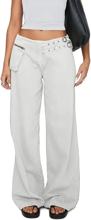 Low Rise Baggy Pants for Women Adjustable Waisted Wide Leg Denim Pants Vintage Straight Loose Jean Trousers