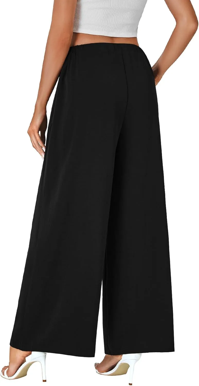LYANER Women's Casual Loose Elastic Tie Knot Waist Wide Leg Pants Trousers with Pockets