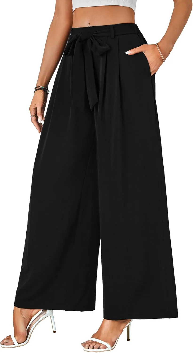 LYANER Women's Casual Loose Elastic Tie Knot Waist Wide Leg Pants Trousers with Pockets